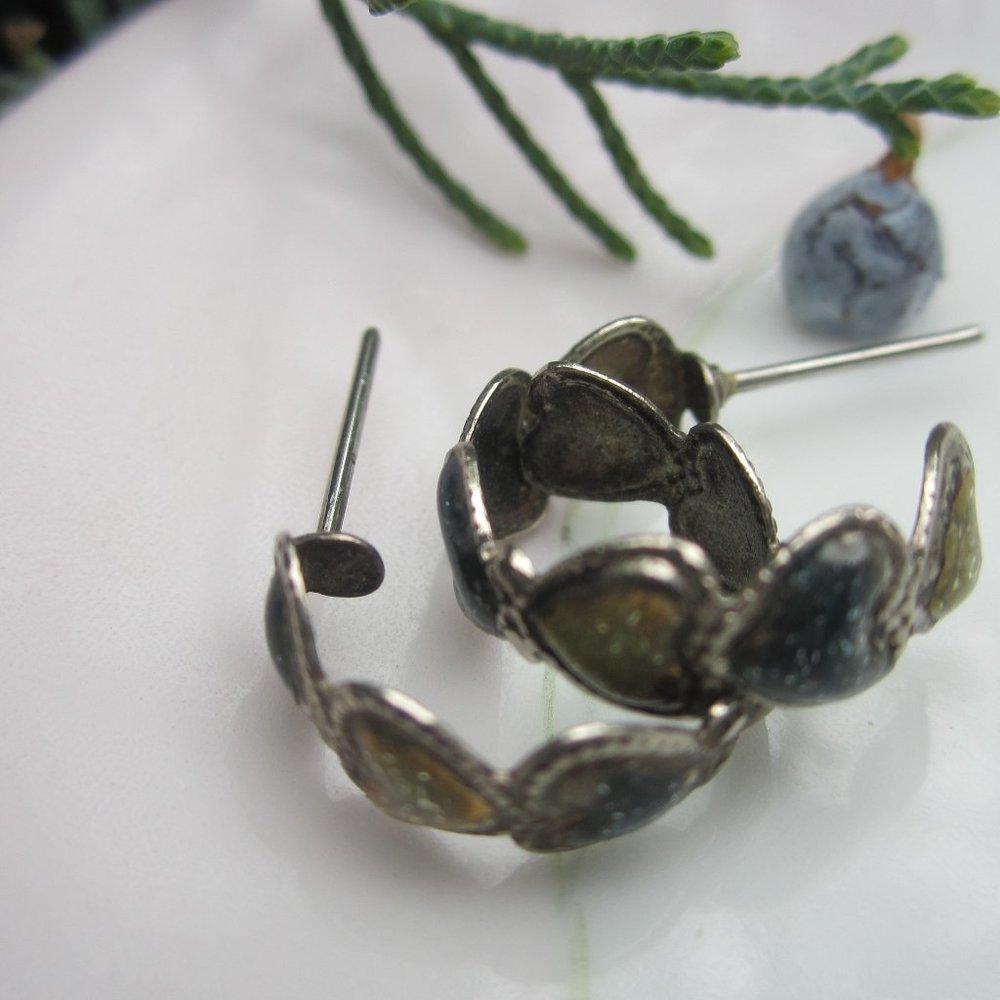 Blue and Cream Sparkly Heart Hoop Pierced Earrings